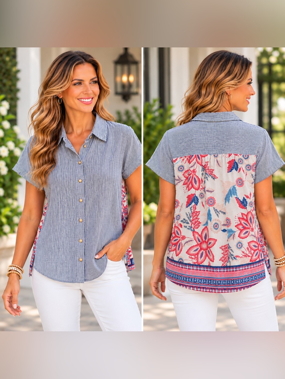 J. Jill‎ Top Womens XS Blue Floral Stripe Mixed Media Linen Button Up Blouse